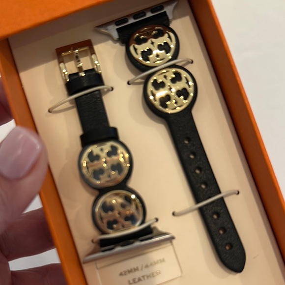 Tory Burch Gold Logo Black Leather Apple Watch Band - Picture 3 of 3